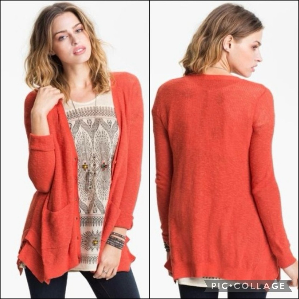 Free People Drape Red-Orange Waffle Knit Longline Buttondown Cardigan Sweater
